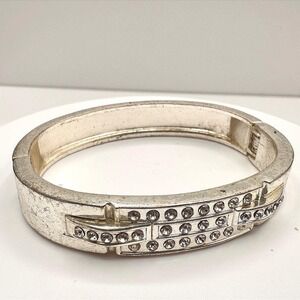 Vintage 90s Silver Tone Rhinestone Bangle Bracelet Hinged Statement Glam Jewelry